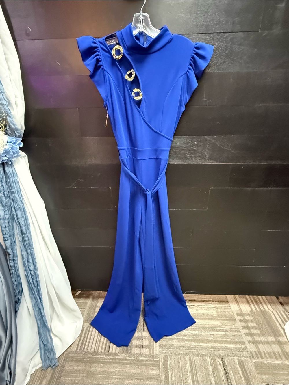 Royal Blue Flutter-Sleeve Jumpsuit with Decorative Rings